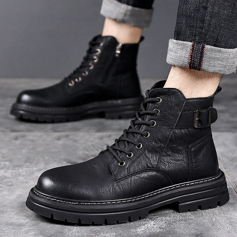 Mens Brown Vintage Leather Combat Boot Side Buckle Decor Lace Up Chunky Sole Ankle Boots Casual Outdoor Work Shoes Simple Velvet