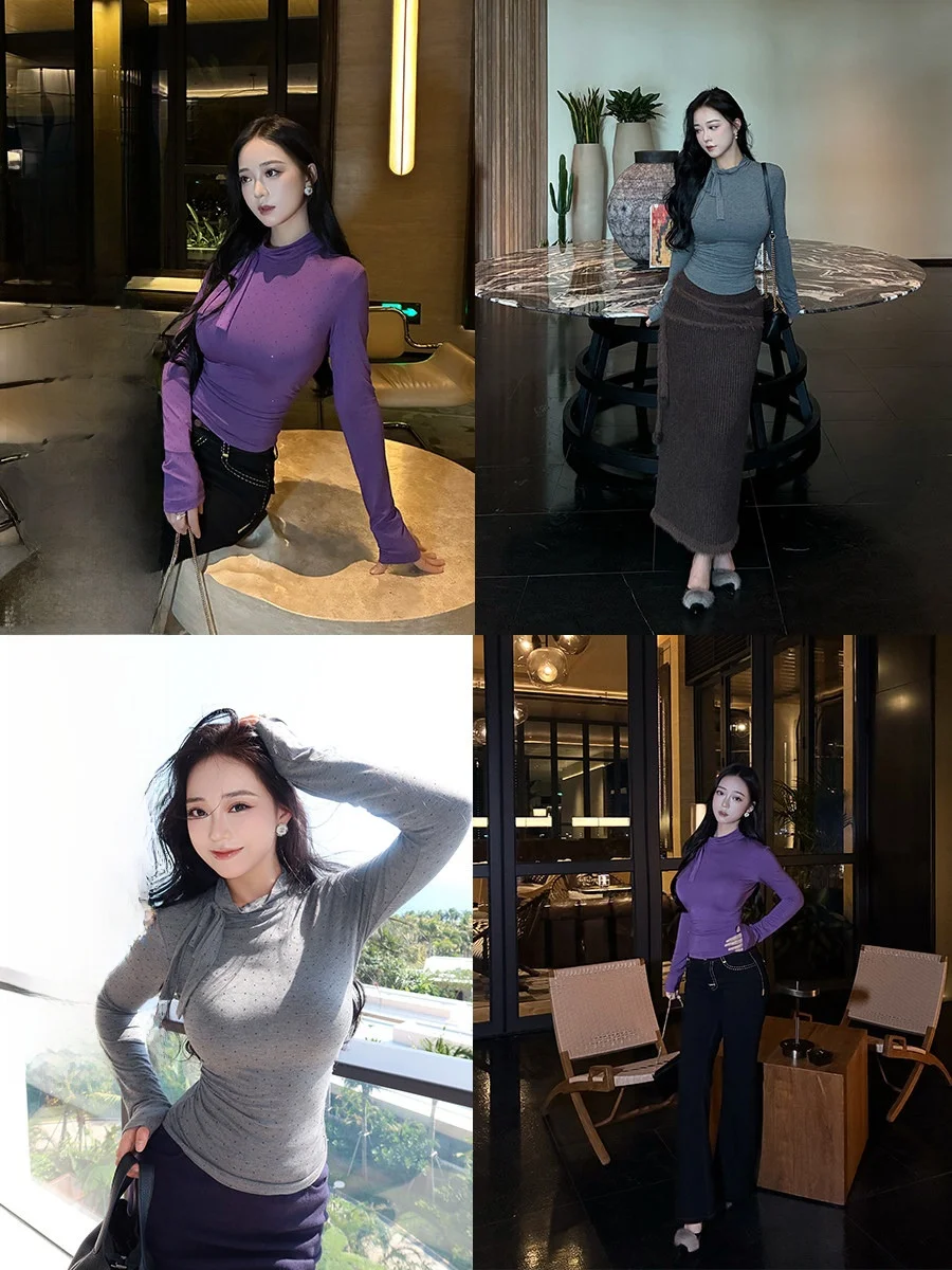 

Romantic Sle Women's T-irt Cherry Brand f High Collar Knot Heat Set Diamond Fro Long Sve Slim Fit Top