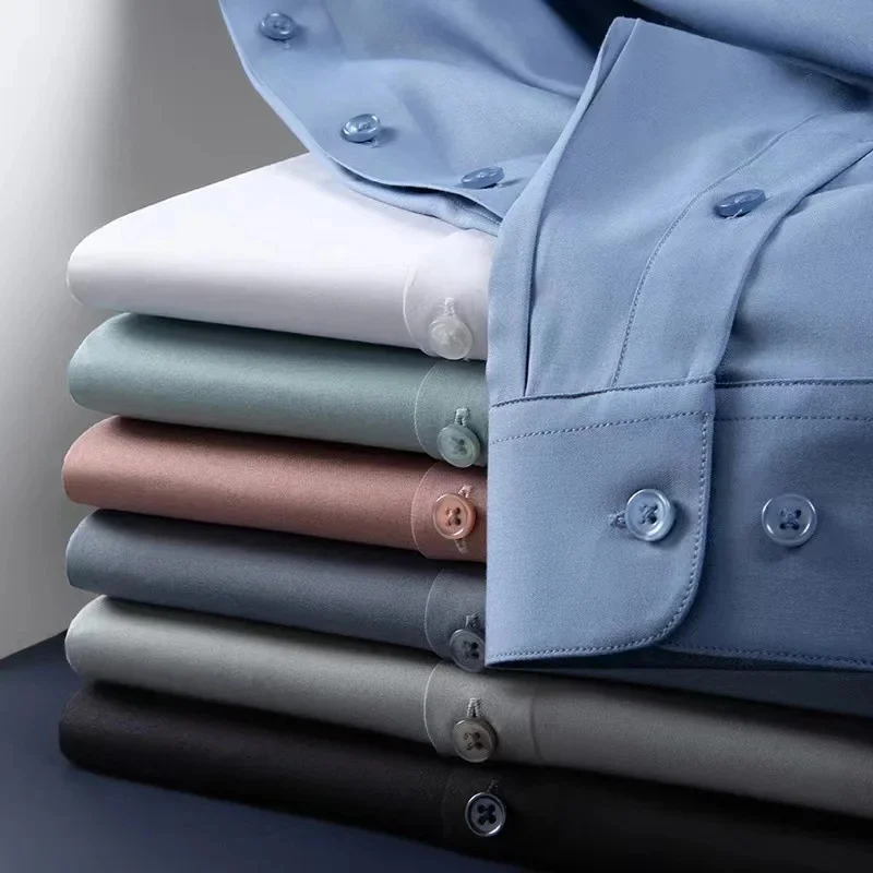 ACOMOSON High Quality EU US Size Luxury Men Business Silk Shirt Casual Long Sleeve Wrinkle-Free Formal Casual Button Down Shirt