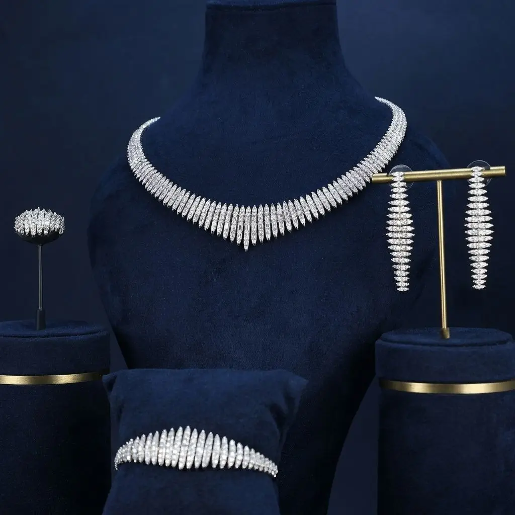 Bride Talk Luxury Spike Sunburst Jewelry Set 4Pcs Elegant Geometric Tapered Ray Bridal Wedding Accessories Statement Jewelry