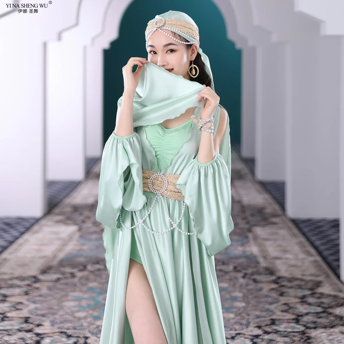 Strój do Tańca Brzucha dla Dorosłych Orientalny Zestaw Taneczny Ludowy Kostium na Występ Szata z Bufiastymi Rękawami Ubranie do Tańca