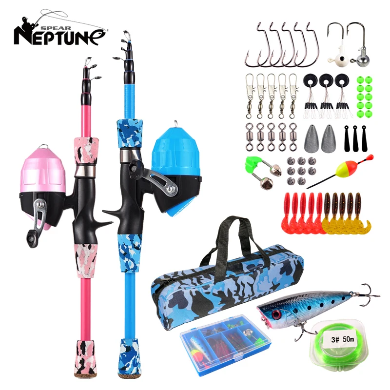 

New Kids Rod Fishing Set Full Kits 1.2m 1.5m Telescopic Casting Rod with Spincast Reel and Hooks Lures Accessories Carry Bag