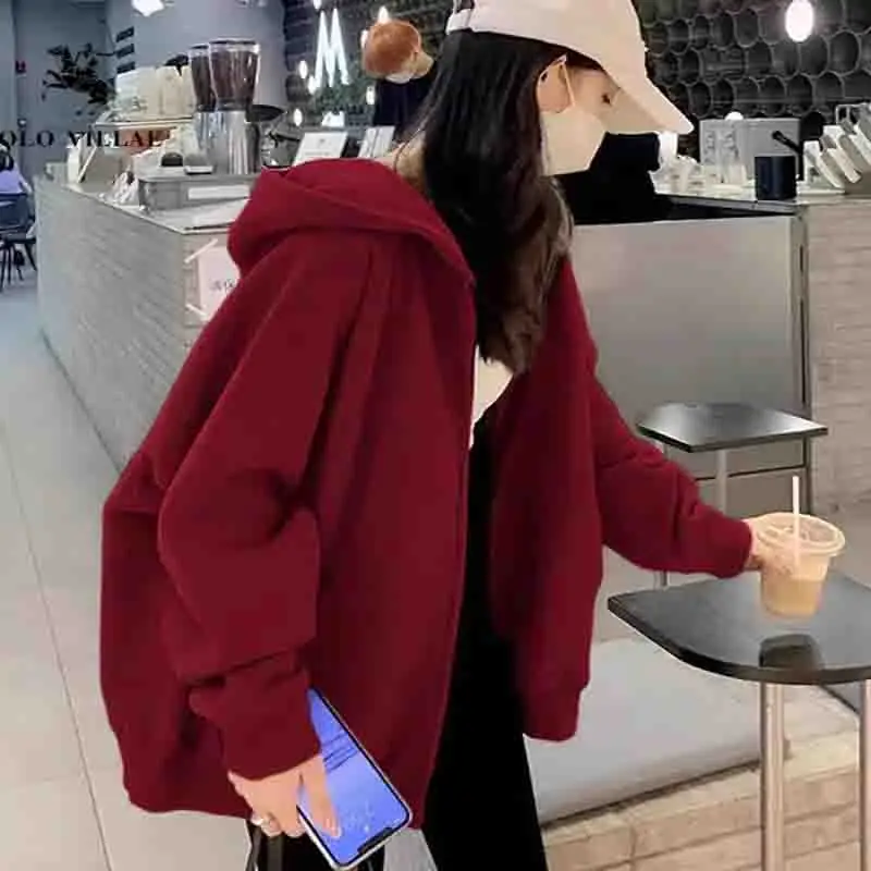 New Female Fleece Sweatshirt Solid Color Hooded Hoodie Top Zipper Coat Women Loose Fitting Versatile Cardigan Hoodie Jacket