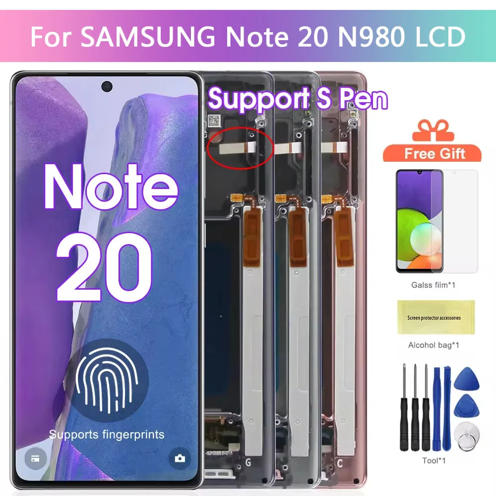 Note20 Screen for Samsung Galaxy Note 20 N980F Lcd Display + Touch Screen Assembly Support S Pen Fingerprint Read with Frame