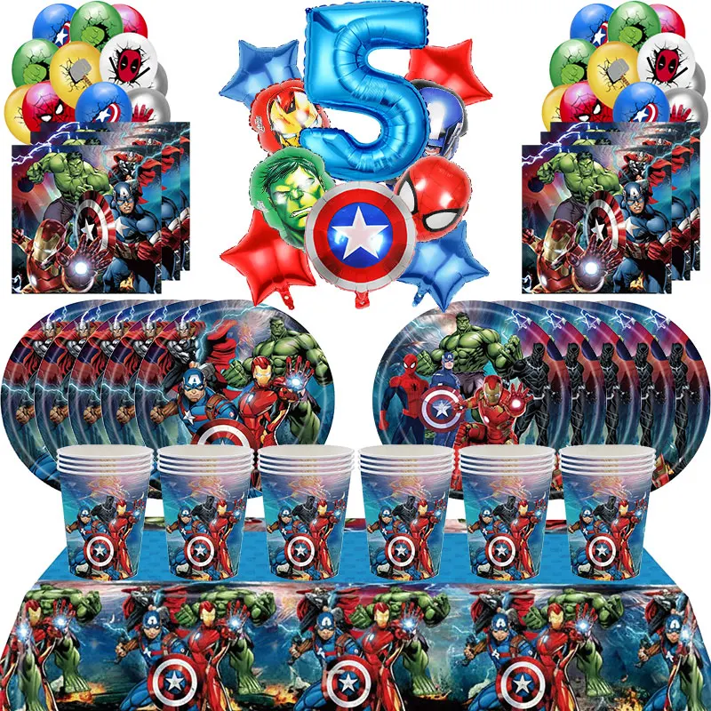 Ensemble de décoration d'anniversaire Happy Marvel thème Avengers, tasses, assiettes, nappe, masques, ballons de super-héros, fournitures de fête, cadeaux