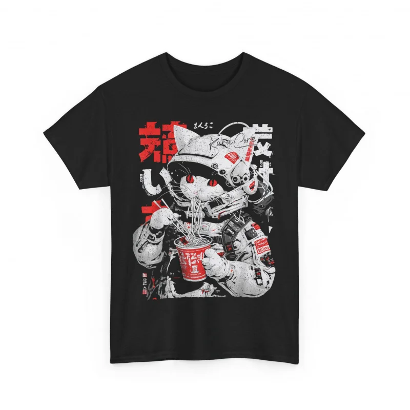

Cyberpunk Ramen Cat T-Shirt for men Japanese Anime Graphic Tee, Y2K Techwear 100% cotton printed Large size Tops S-6XL