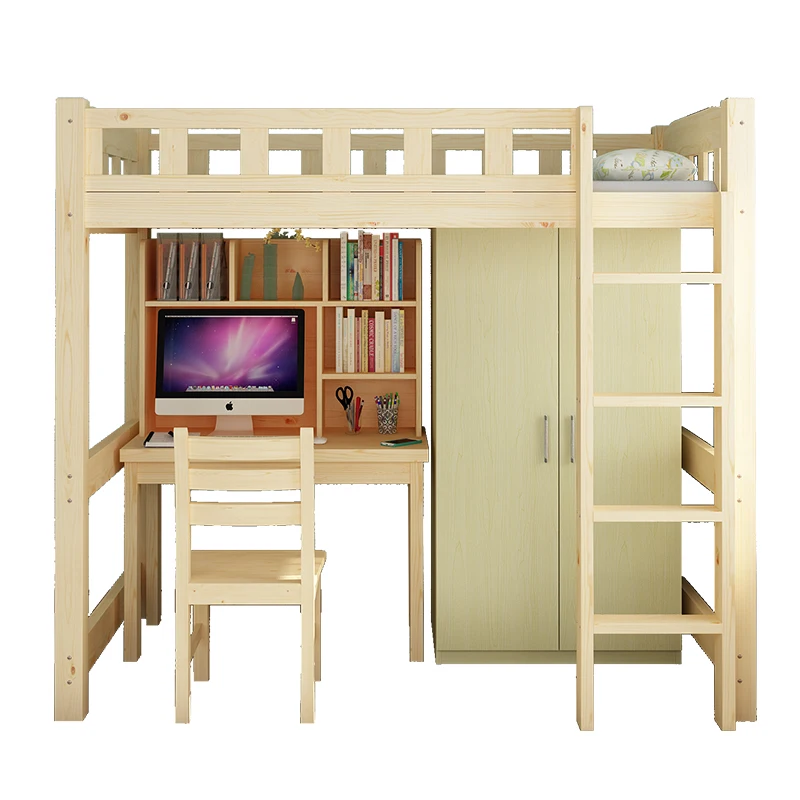 

Solid wood elevated bed adult space-saving multifunctional children's bed high and low bed with desk wardrobe combination