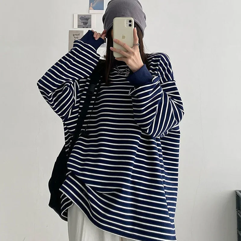 Spring Autumn Loose Striped Oversized T-shirt Long Sleeve O-Neck Plus Size Thin Youth Pullovers Top Casual Fashion Women Clothes