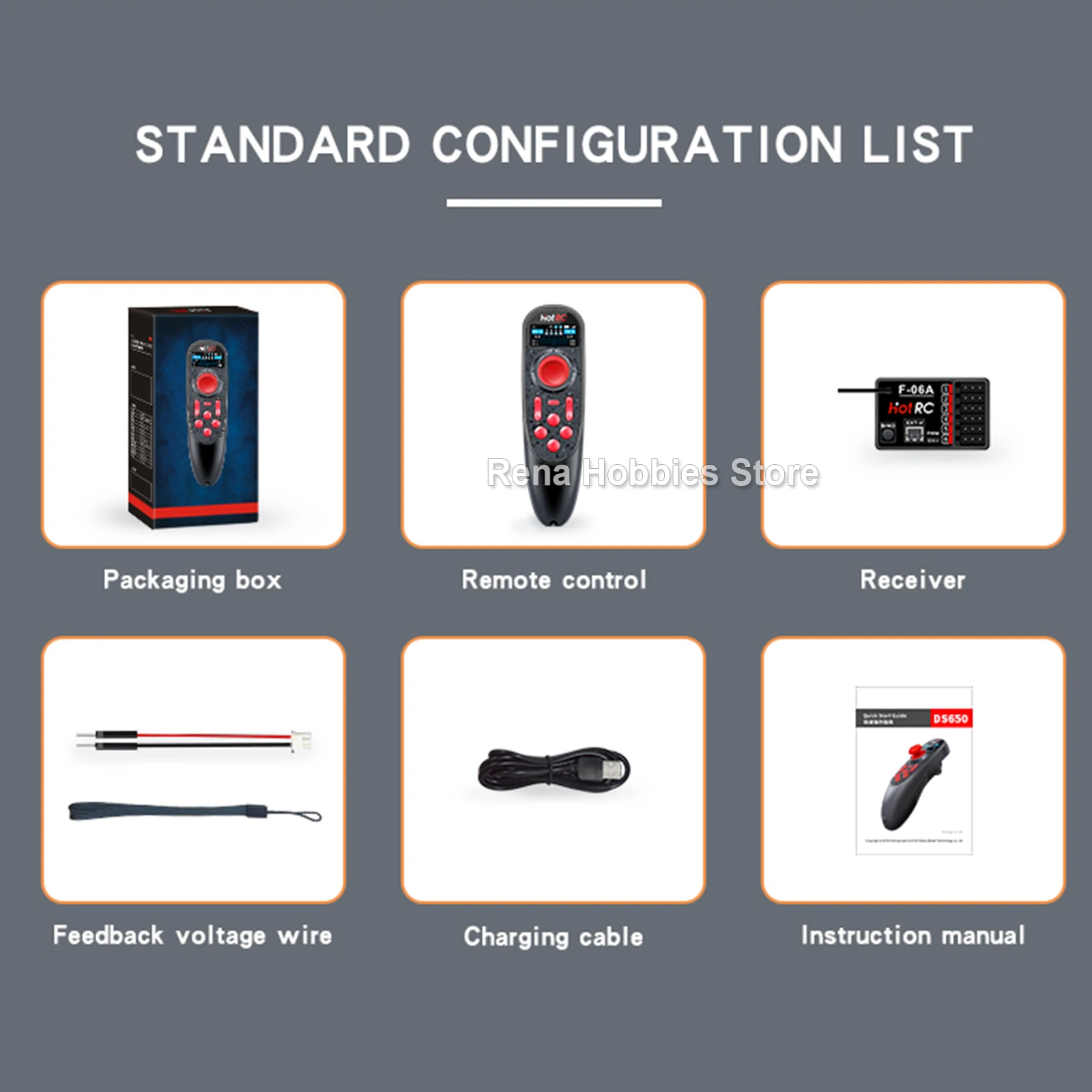 HOTRC DS-650 6CH 2,4 GHz Funksystem Sender mit Farbbildschirm PWM F-06A Empfänger für RC Auto Boot Rasenmäher Grasschneider