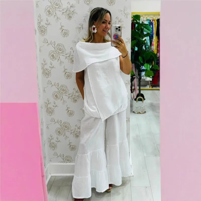 

Autumn Cotton Linen Pant Sets Fashion Off-shoulder Sleeveless Top Bell-bottom Pants 2-piece Set Women Irregular Loose Casual Set