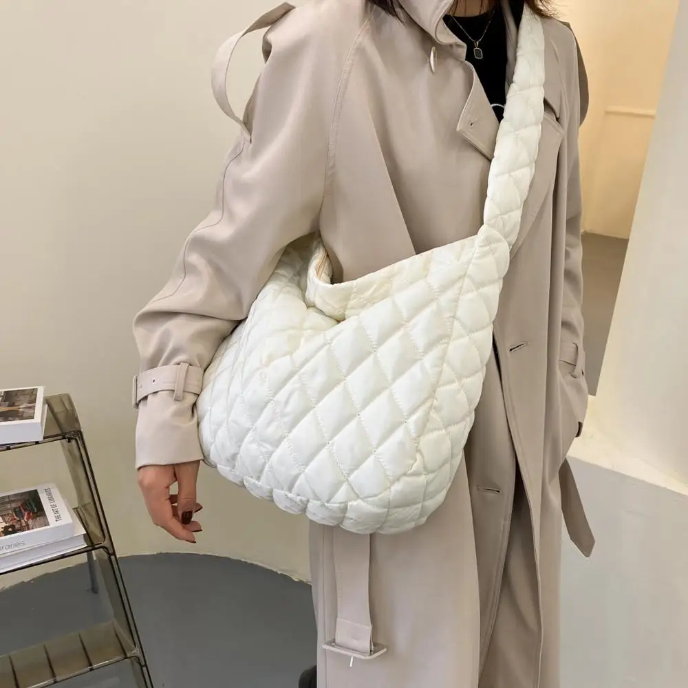 Down Cotton Puffy Handbag Padded Plaid Underarm Bags Large Capacity Quilted Tote Bag Lightweight Winter Warm Shoulder Bags Women