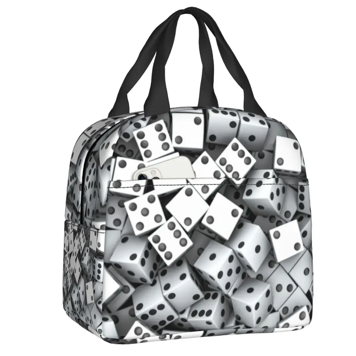 

Lucky Dice Abstract Gaming Pattern Insulated Lunch Bags Women Casino Gambler Lunch Container for Outdoor Picnic Storage Food Box