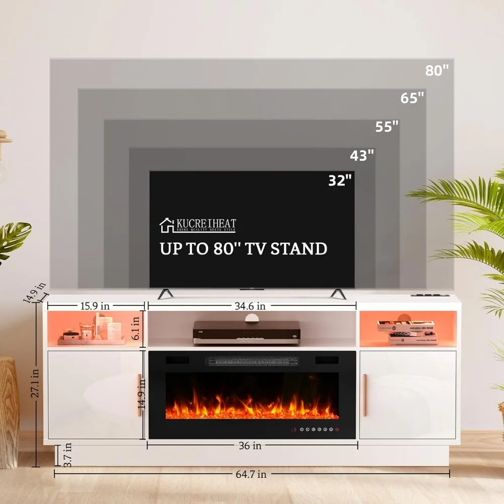 TV Stand com lareira, luz LED, centro de entretenimento, armário de TV branco com armazenamento, 70 polegadas, 36 polegadas, 75 polegadas