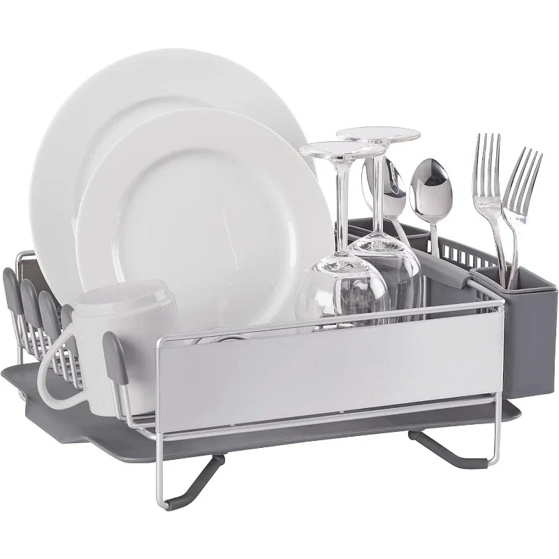 Compact Space Saving, Dish Rack with Removable Flatware Caddy and Angled Self Draining Drainboard, Satin Gray,