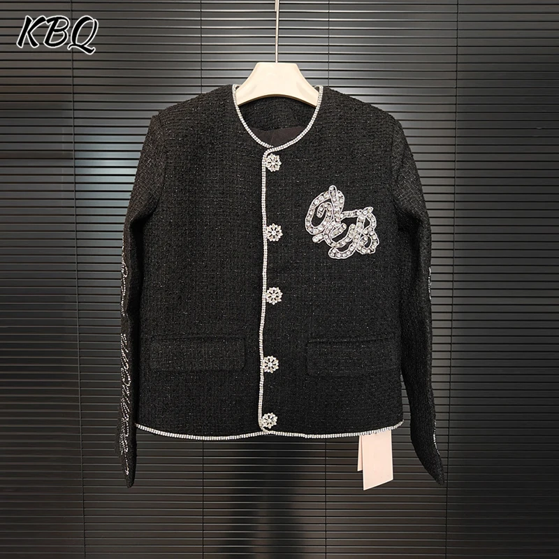 

KBQ Solid Spliced Diamonds Loose Coats for Women Round Neck Long Sleeve Temperament Chic Jackets Female Fashion Autumn Style New