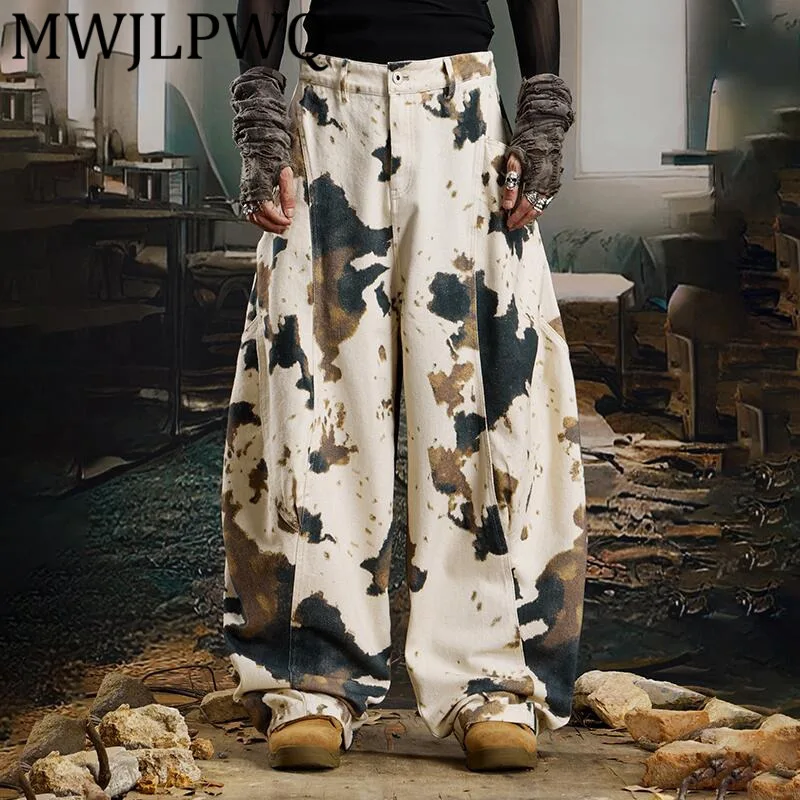 MWJLPWQ جينز رجالي ذو طابع شخصي للشارع فضفاض واسع الساق الهيب هوب محفور طويل المنجل سراويل تقليدية للجنسين 2025 خريف 12222