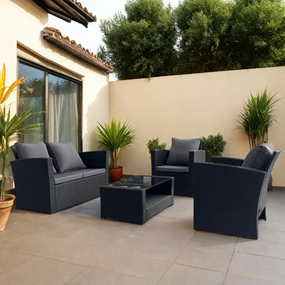 

4-piece Courtyard Furniture Set, Willow Outdoor Segmented Set, Garden Terrace Dialogue Set, with Tempered Glass Coffee Table