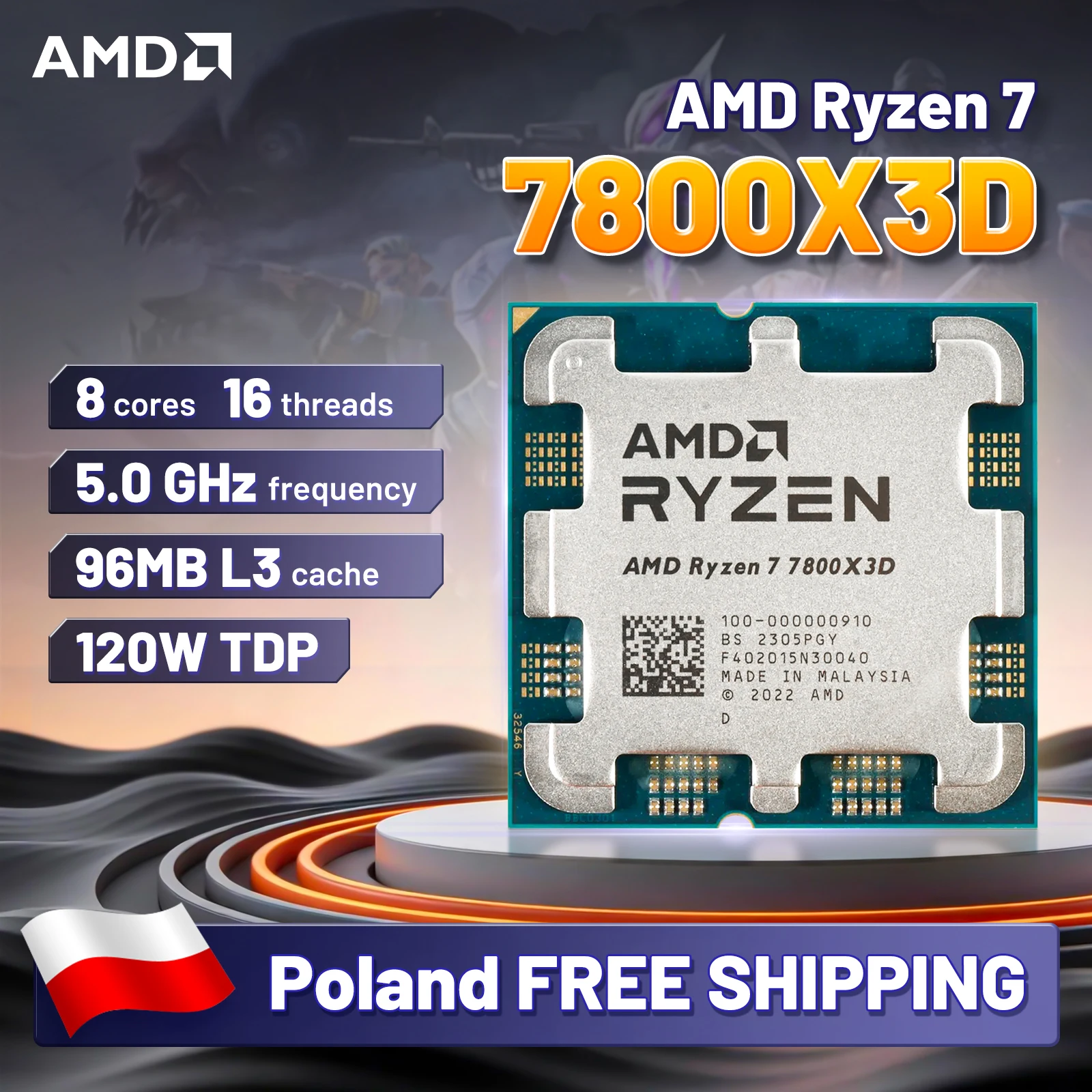AMD Ryzen 7 7800 X3D 4,2GHz L3 = 96M Processor 120W 8-Core 16-Thread R7 7800 X3D Socket AM5 5NM DDR5 maar zonder ventilator