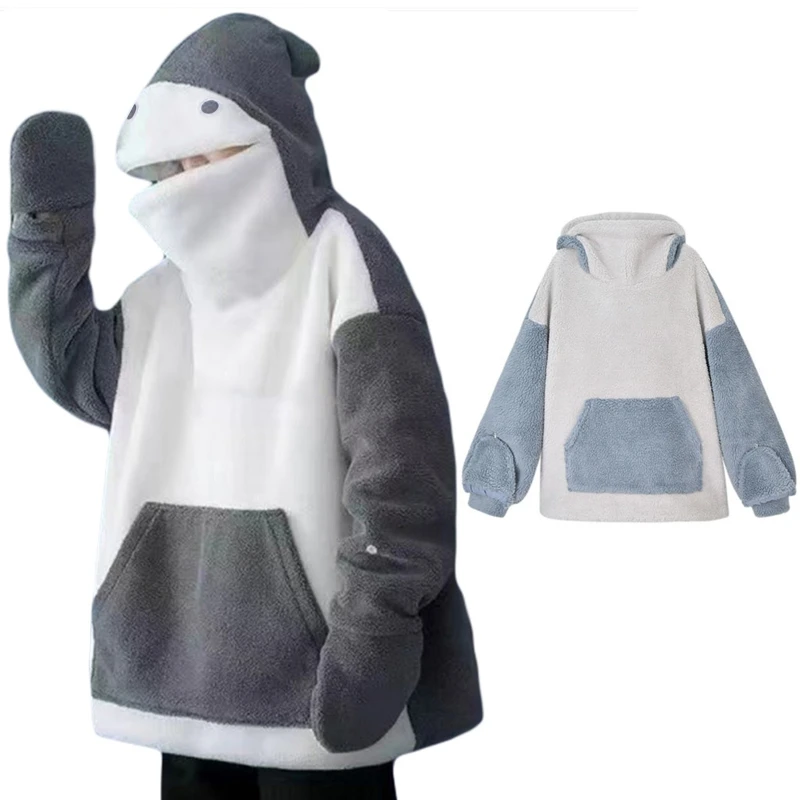 

Women Winter Shark Hoodies Harajuku Zipper Mouth Faux Fleece Sweatshirt Oversized Loose Long Sleeve Pullover Top