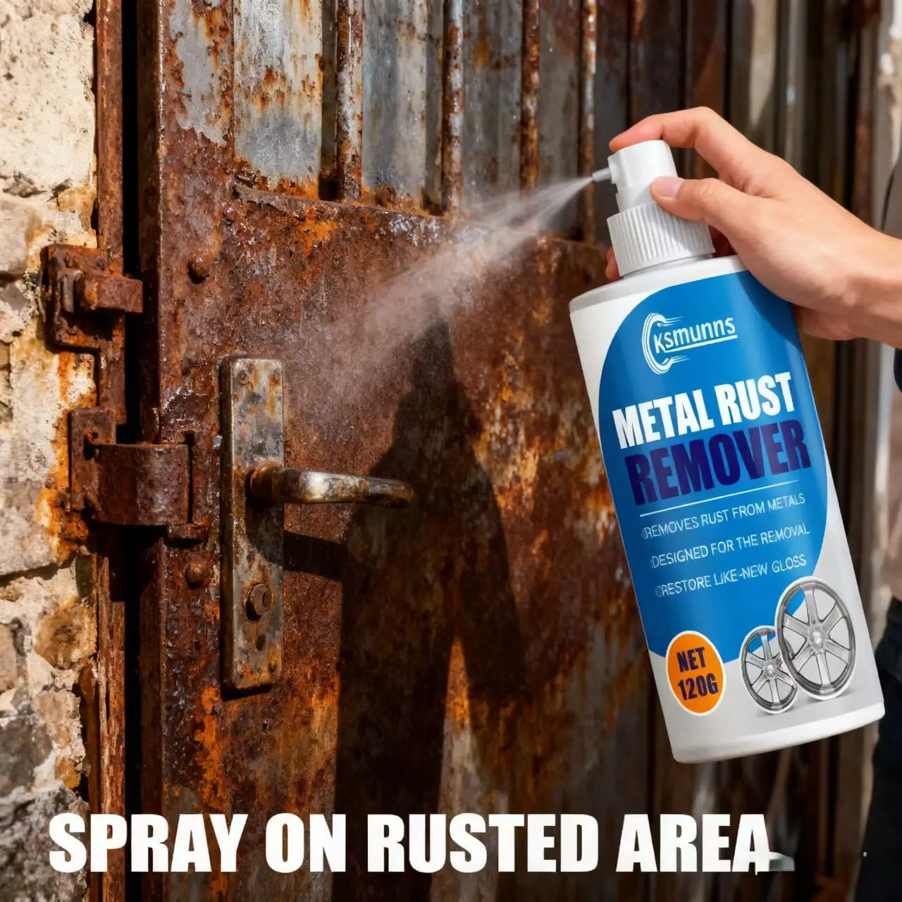 Ksmunns 120g Metal Rust Remover Spray – Removes Rust from Metals, Restores Like-New Gloss, Fits Car Rims/Hardware, Easy to Use