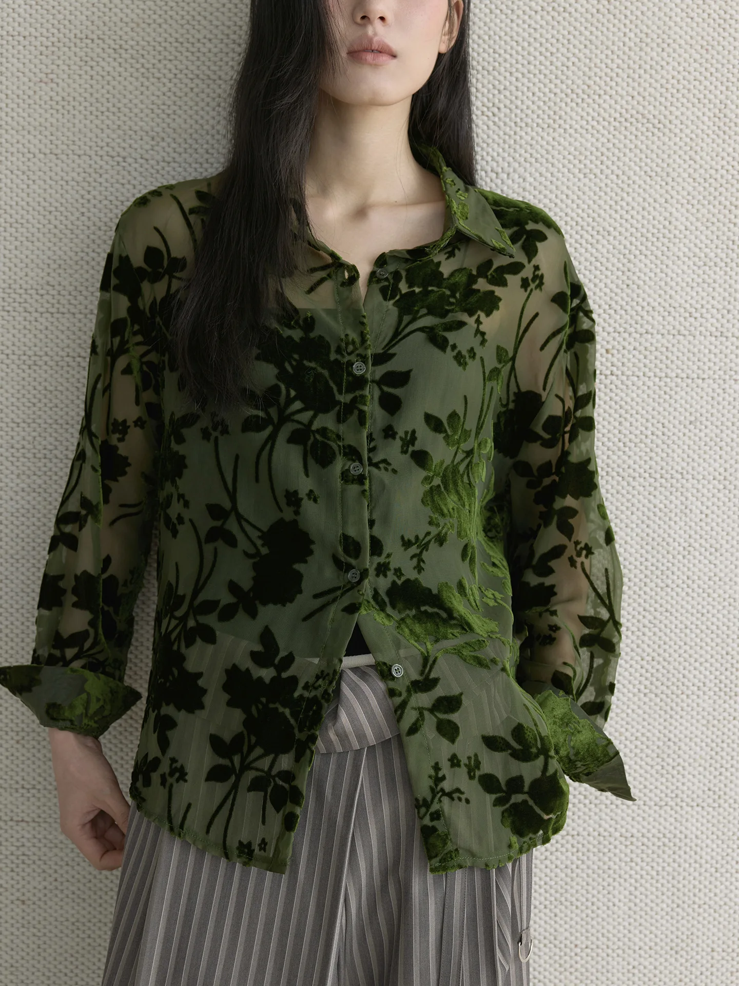 Early Spring New Korean Fresh Forest Plant Printed Transparent Velvet Shirt Soft and Comfortable Top for Women