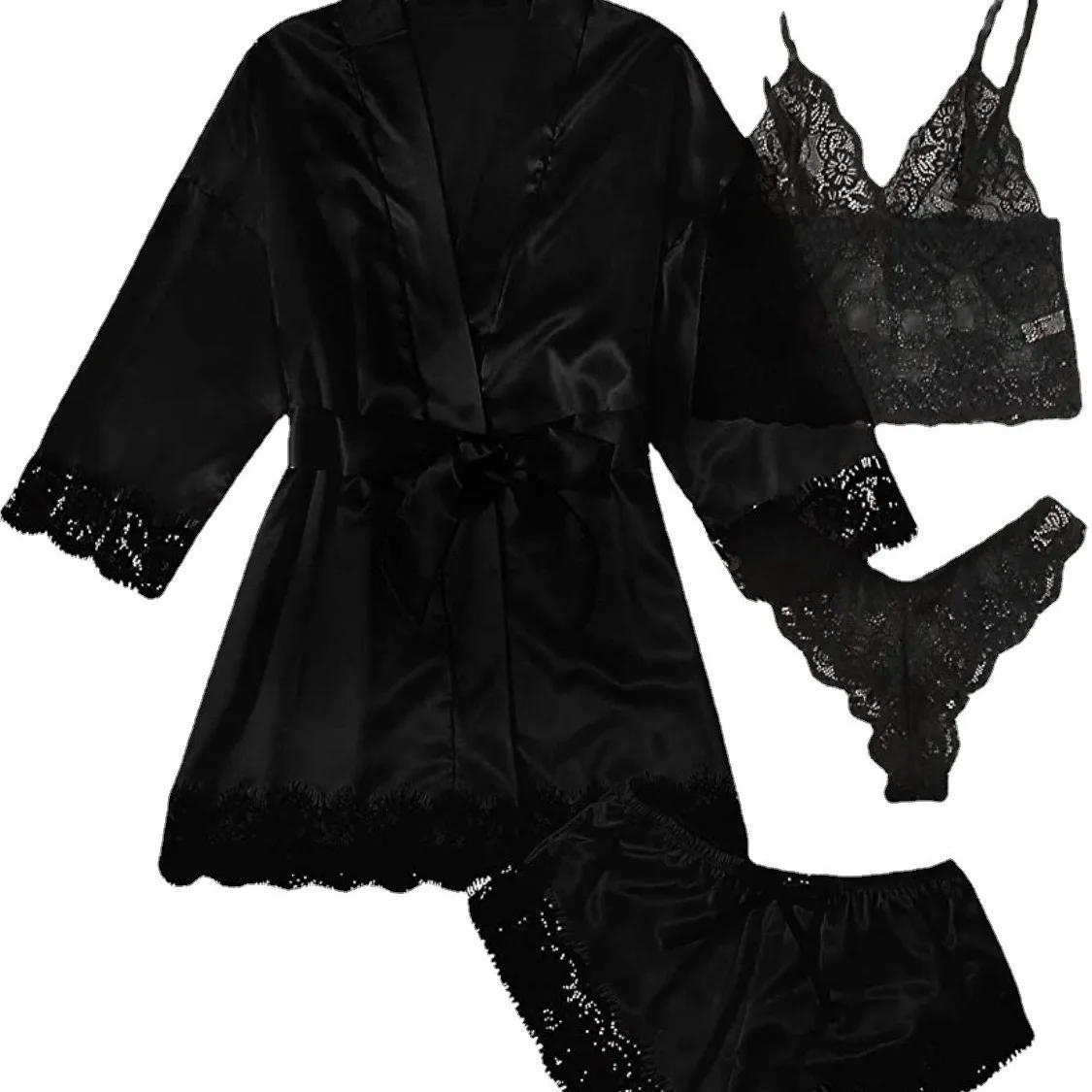 Set di quattro pezzi di indumenti da notte alla moda, set di bretelle in raso con bordi in pizzo sexy, abito, comoda camicia da notte casual