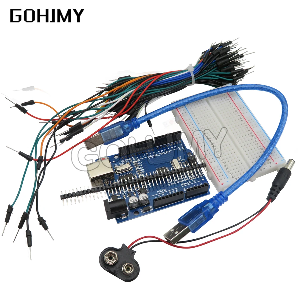 1PCS GOHJM Starter Kit for arduino Uno R3 - Bundle of 5 Items: Uno R3 Breadboard Jumper Wires USB Cable and 9V Battery Connector
