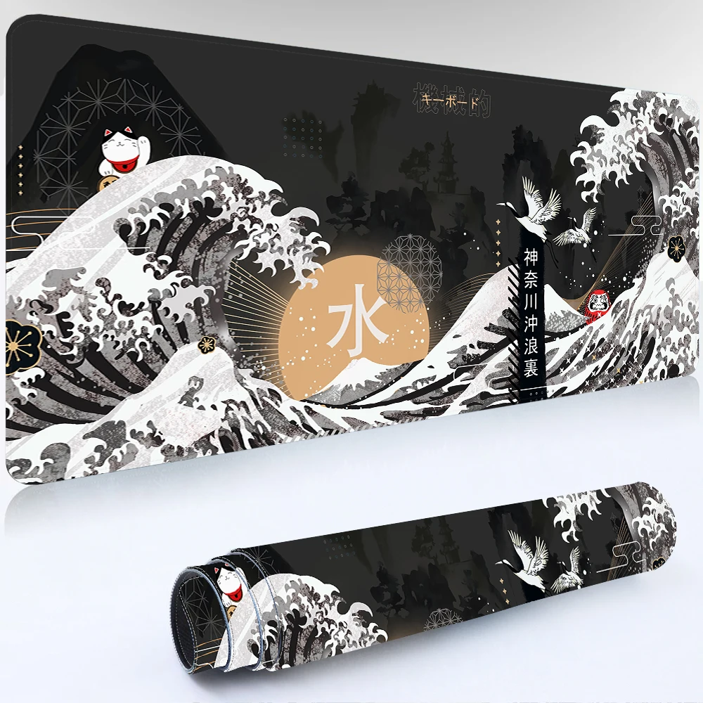 

Japan Kanagawa Deskmat Black Gaming Mouse Pad Gamer Keyboard Office Accessories for Deskpad Laptop Office Carpet Large Mousepad