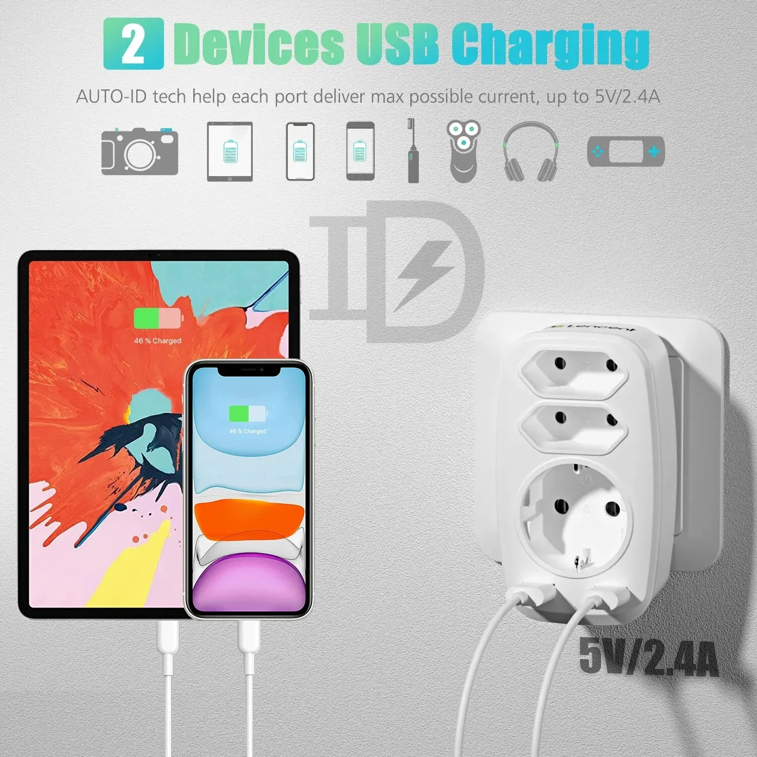 LENCENT EU Plug Настенная розетка Удлинитель USB-зарядное устройство с 3 розетками переменного тока + 2 USB-портами Многоразъемный адаптер 4000 Вт для дома/офиса