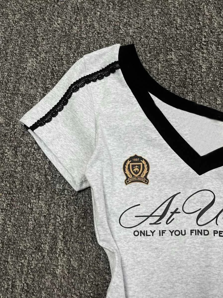 Millennium style Gothic Hot Girl Waist Splicing Lace Strap Short Sleeve T-shirt for Women 2025 New Summer navy blue slim fit top