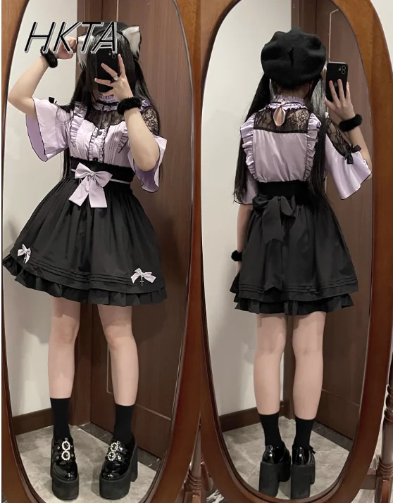 

Japanese Style Mines Gothic Lace Short Sleeved Embroidered Waist Shirt Top Waist Pleated A Line Skirt Two Piece Set Women Outfit