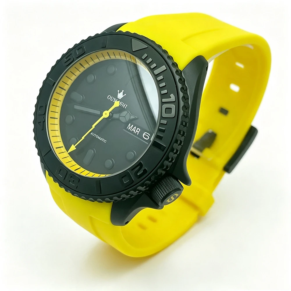 Men Automatic Mechanical Diver Watch Silicone Rubber Strap Transparent Back Luminous Week Date Waterproof Sports Wristwatch`