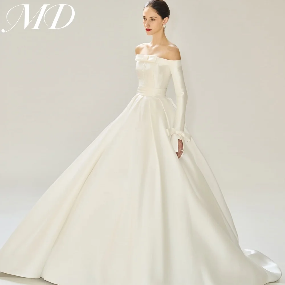 

MD 2025 Modern Satin A-line Wedding Dress Off Shoulder Long Sleeve Button Pleat Bridal Gown 2025 Customized vestidos de novia