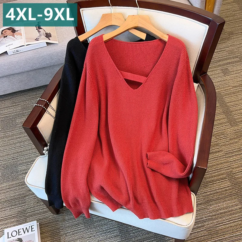 

New 2024 Ladies Autumn Winter Plus Size Tops For Women Large Long Sleeve Red Black Knitted Sweater 4XL 5XL 6XL 7XL 8XL 9XL