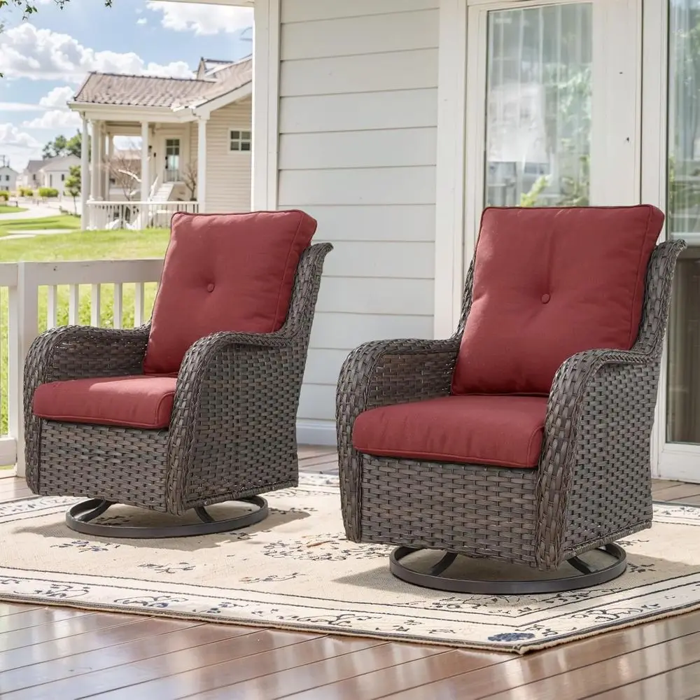 

2-Piece Swivel Wicker Rocking Chair Set with High Back and Deep Seat for Outdoor Balcony or Deck, Brown/Red