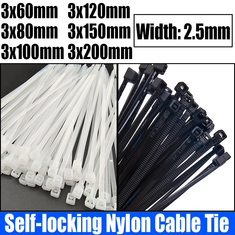 500/1000PCS White/Black Self-locking Plastic Nylon Cable Tie Zip Wrap Strap Nylon Cable Tie Cable/Wire Fastening Ring 3x60-120mm