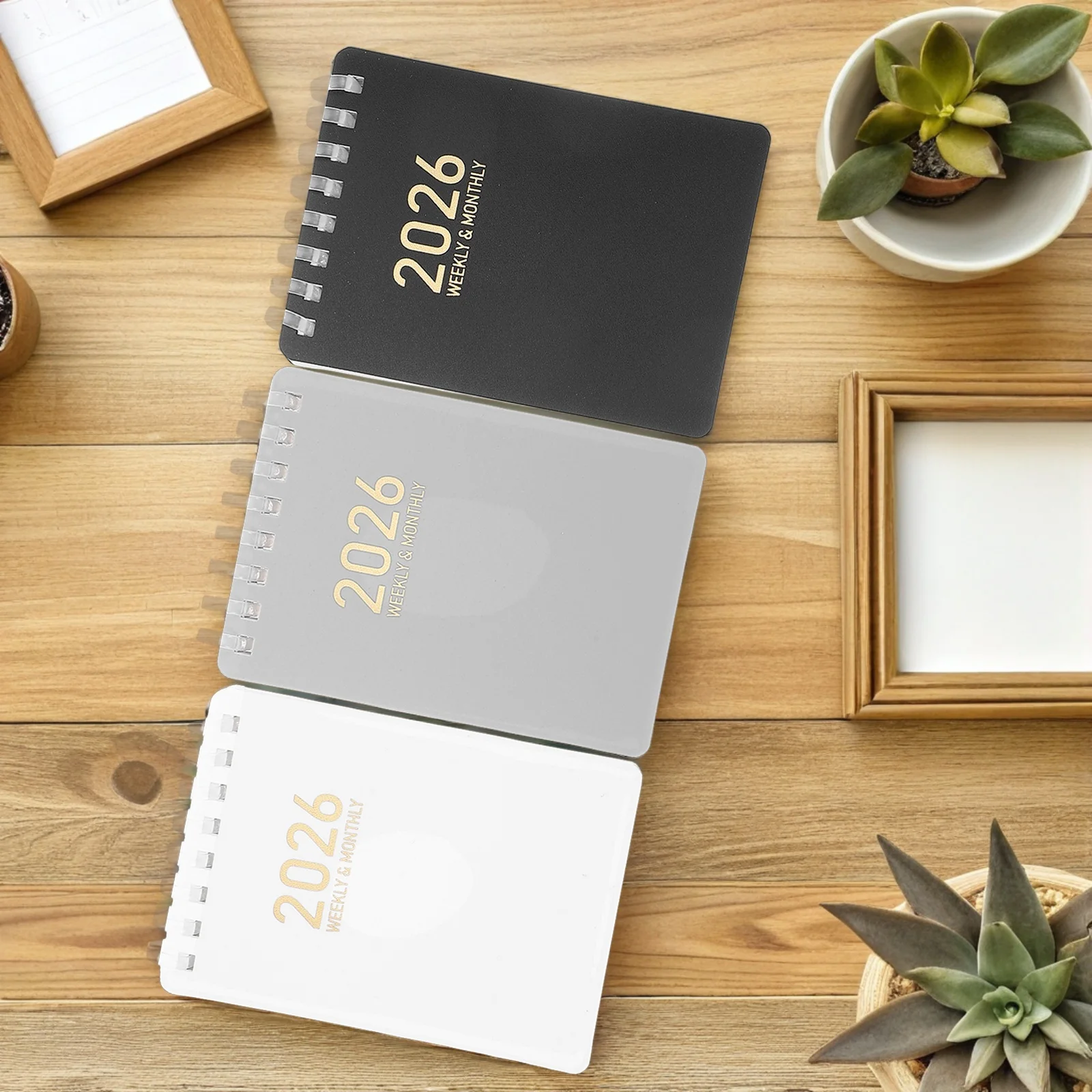 

3Pcs Coil Pocket Planner 2026 Yearly Layout Smooth Page Turn Cover Protection Stylish Design Daily Weekly Monthly Organizer