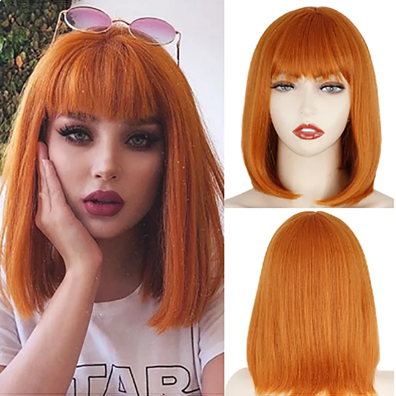 

Synthetic Hair Orange Straight Bob Short Hair Wig Women Wig With Hair Bangs Football Fan Hair