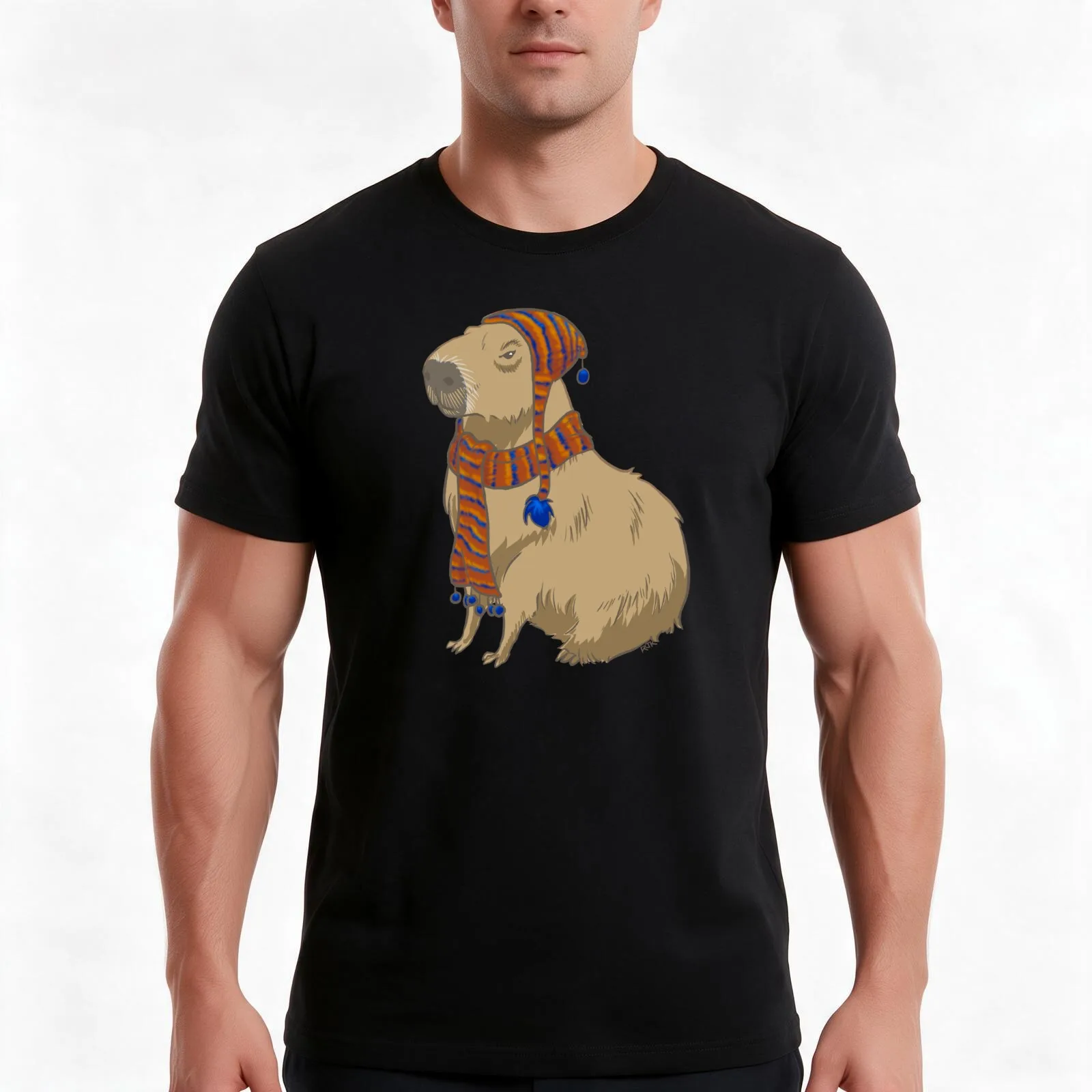Anime-style Capybara Just Sitting There with Hat and Scarf T-Shirt, Summer Casual Cotton Tee, Oversized Streetwear Tops