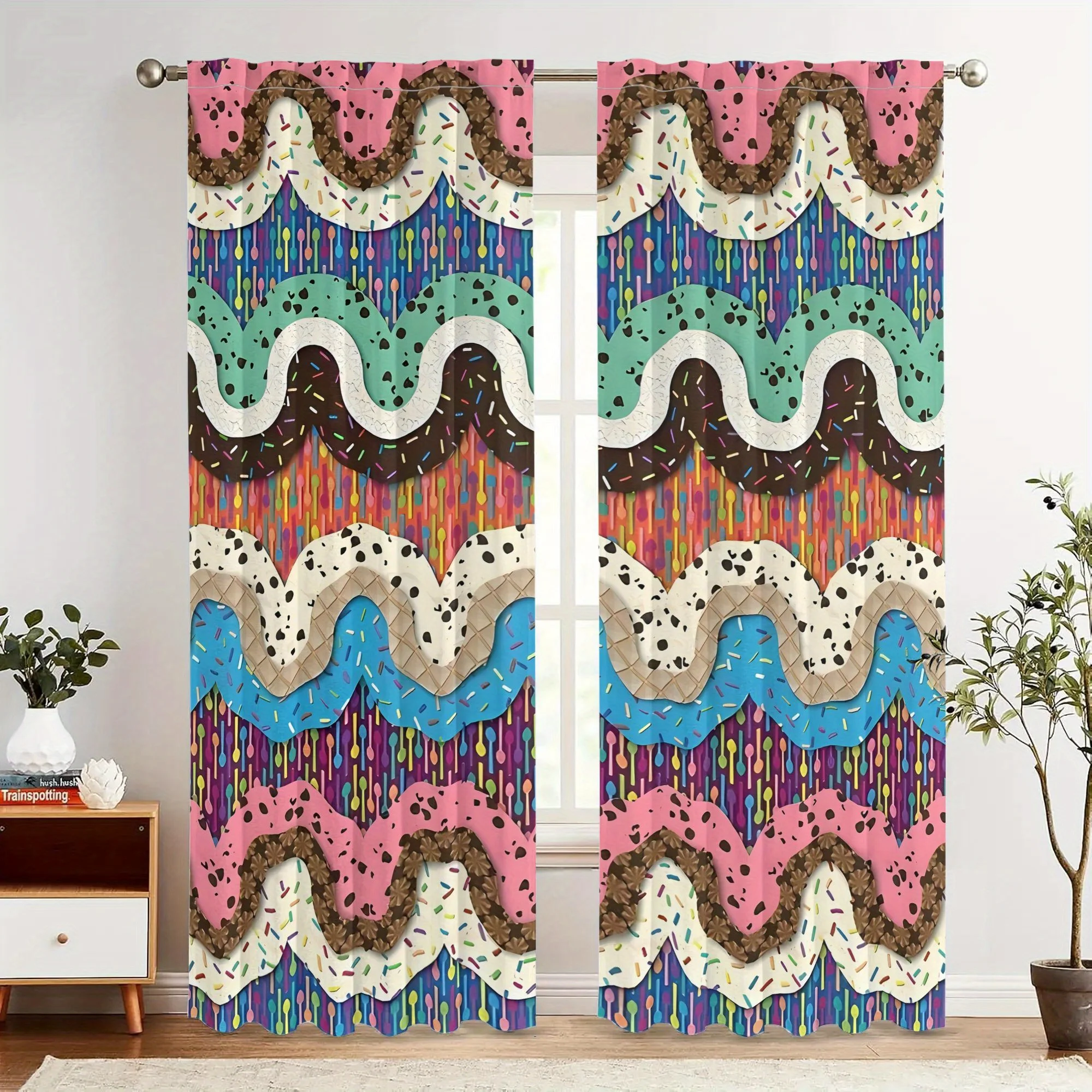 Delicate ice cream dreamy pattern curtains, pole-mounted installation Suitable for living rooms bedrooms dining rooms and hotels