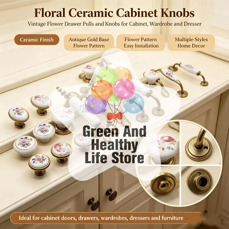 European Flower Ceramic Handles Kitchen Cabinet Storage Dressers Classic Wardrobe Cabinet Closet Door Pulls
