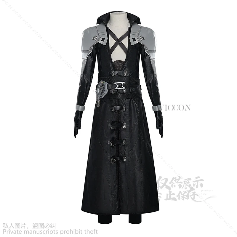 FF7 Sephiroth Cosplay Costume Black Fantasy Leather Coat And Long Grey Wig Cosplay Uniform Suit Full Set Roleplay Halloween Suit