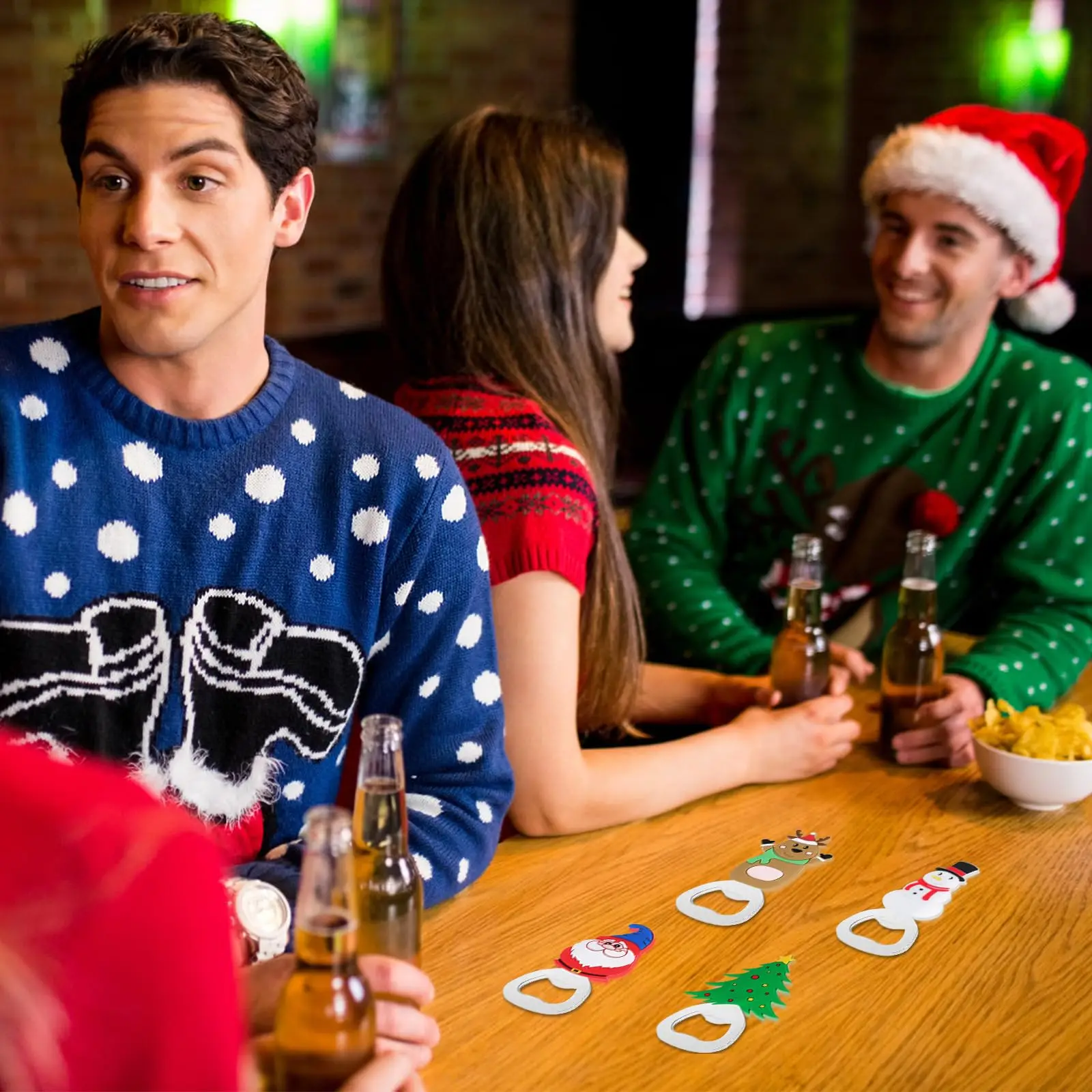 

Christmas Bottle Opener Set of 4 Stainless Steel with Silicone Handle & Magnetic Base Novelty Gift for Christmas Party Bar Tool