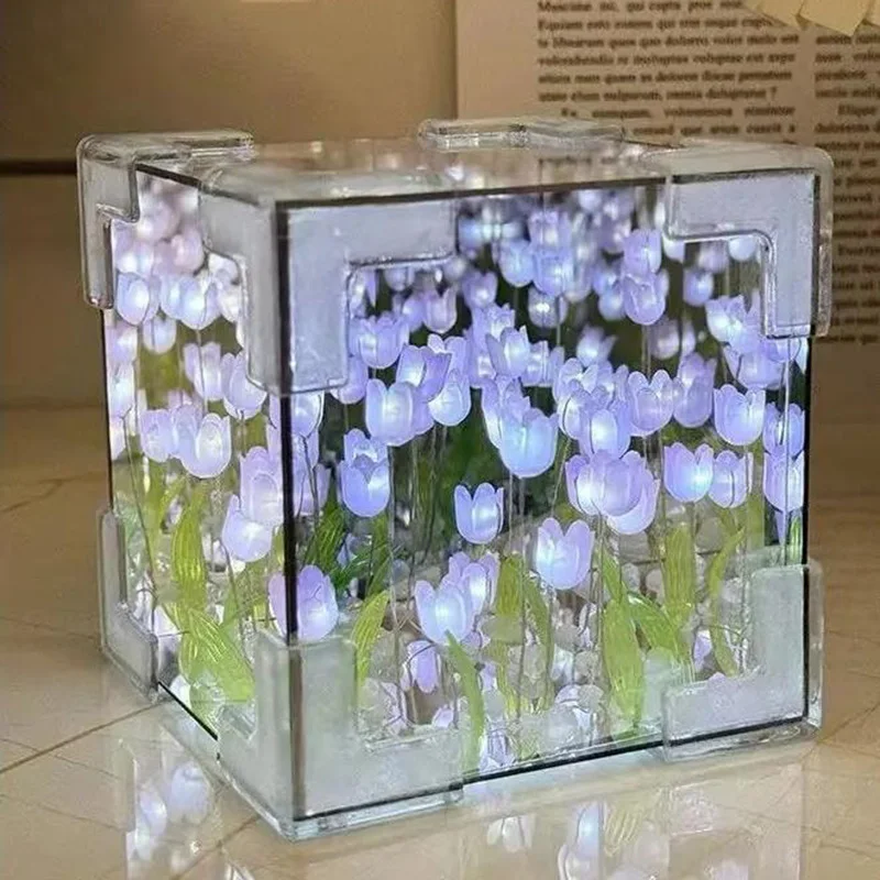 DIY Tulip Mirror Cube Lamp Simulation Flower Bedroom Sleeping Table Lamp Handmade Craft Tulips Mirror Night Light Birthday Gift