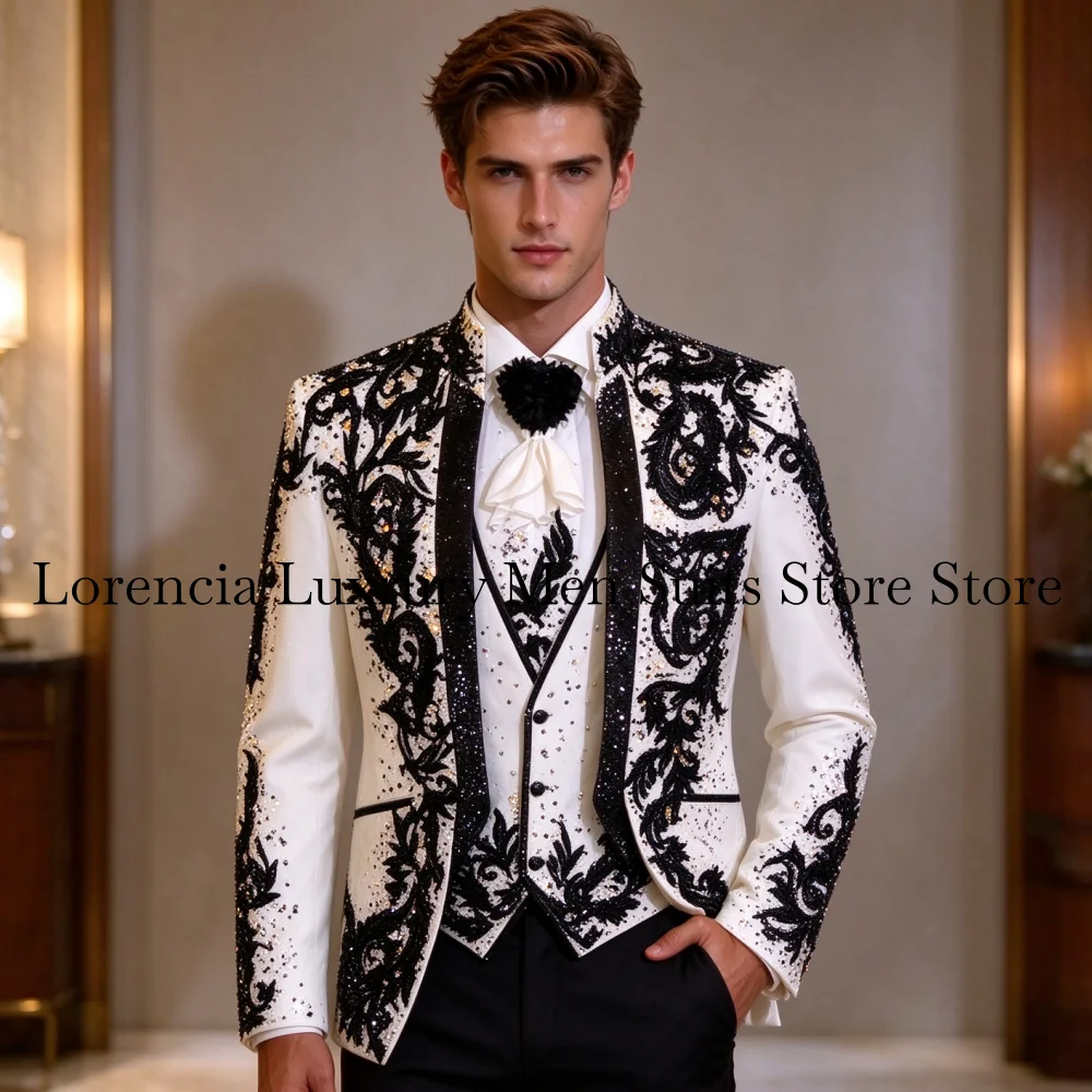 Customized Sequin Crystal Men Suit Luxury Corset Gem For Prom Groom Male Wedding Party Gorgeous Blazer 3 Pieces Set Tuxedos Slim