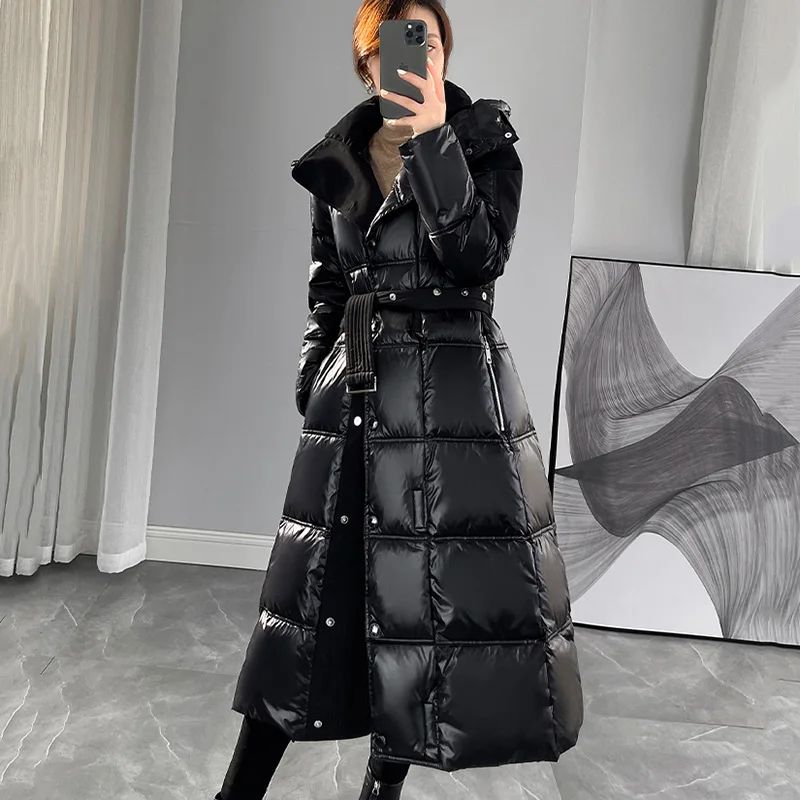 New high-Grade Black Bright Down Jacket Women's Winter Coat 90% White Duck Down Coats Female Casual Hooded Parker Overcoat Belt