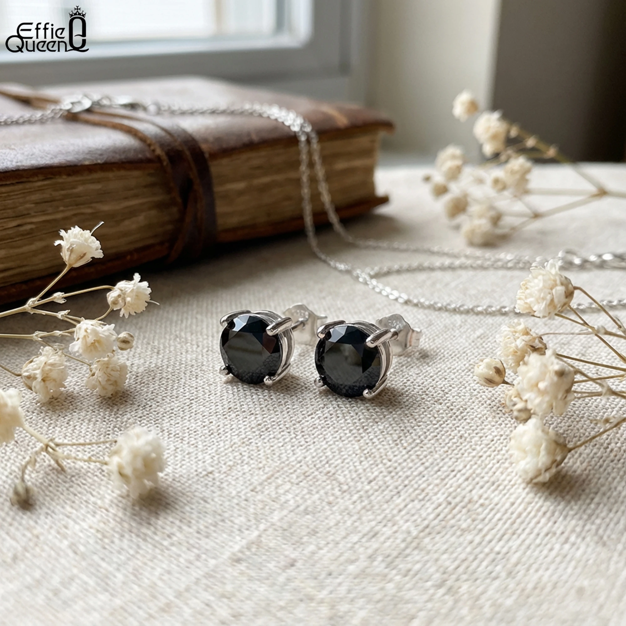 Effie Queen Trendy Black AAA Cubic Zirconia Stud Earrings Geometric Crystal Sterling Silver Jewelry For Women Men Fashion SE84-B