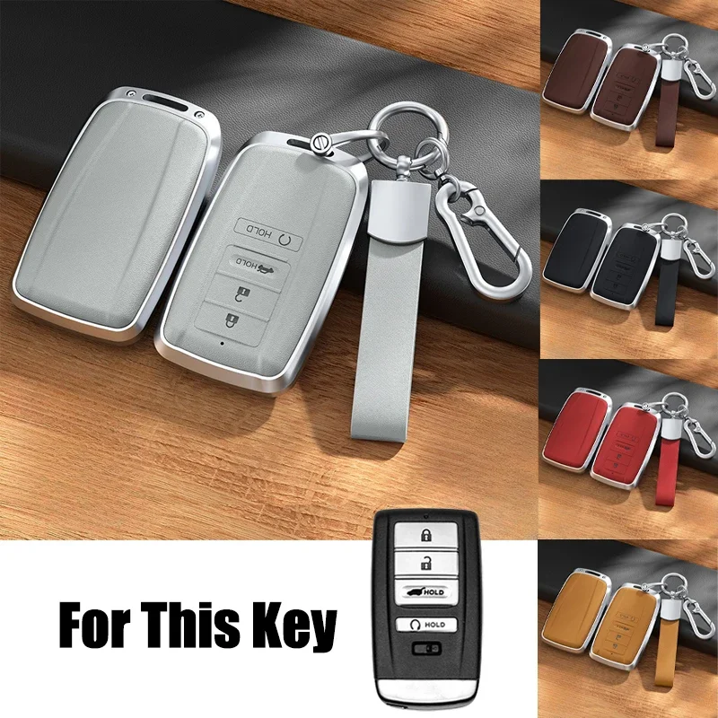 

Aluminum Alloy Leather Car Remote Smart Key Fob Case Cover Holder Bag With Keychain For Acura RLX RDX ILX TLX MDX CDX 2016-2020