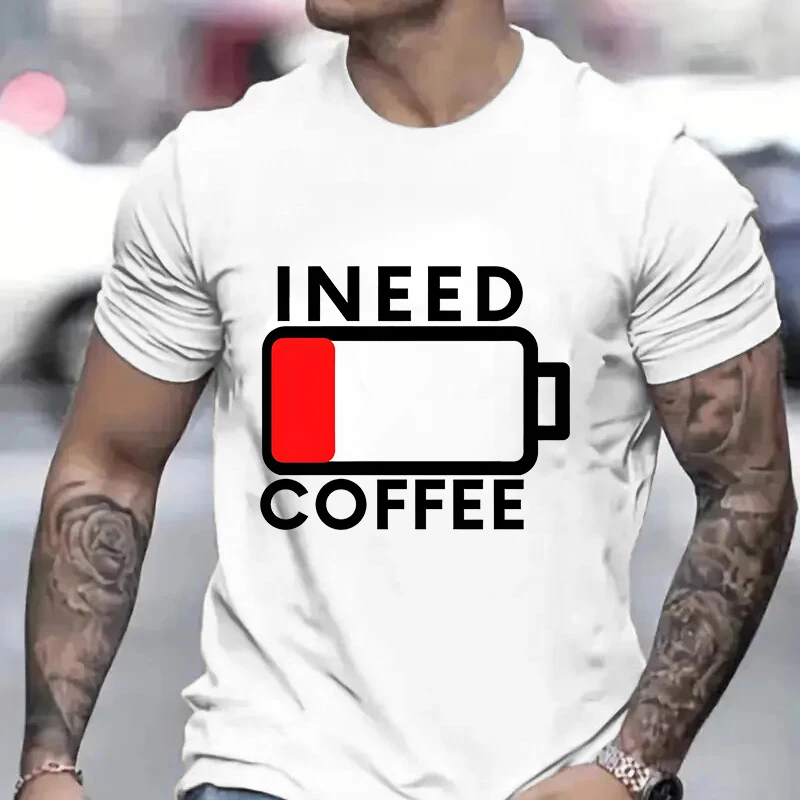 I NEED COFFEE T Shirts Men Summer Funny Battery Graphic Y2k Tops Harajuku Streetwear Short Sleeve Tees Mens Oversized Clothing