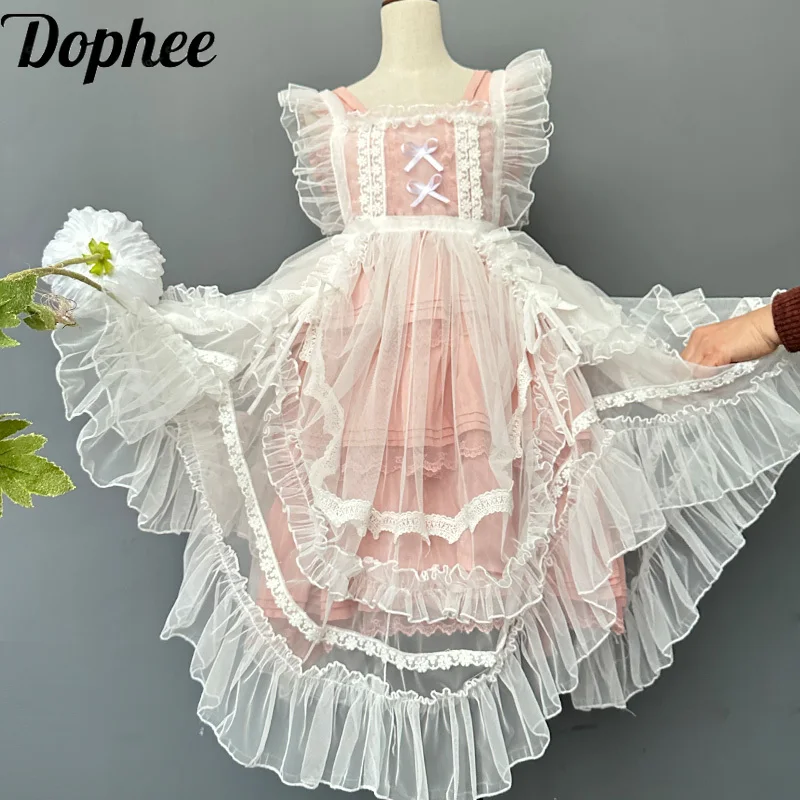 

Dophee Original Elegant Lace Suspender Dress New Summer Super Fairy Mesh Dress Hollow Out Ruffles Gauze Overskirt Lolita Smocks